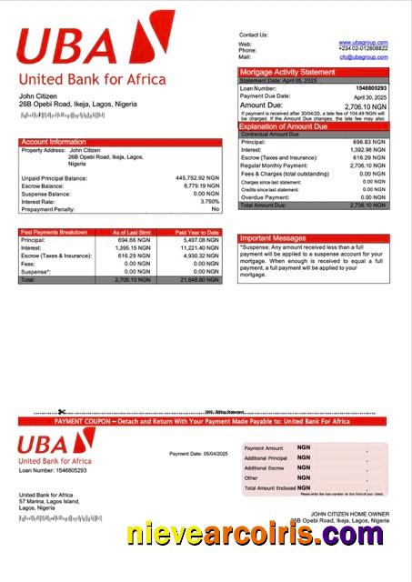 Nigeria United Bank for Africa mortgage statement Word and PDF template